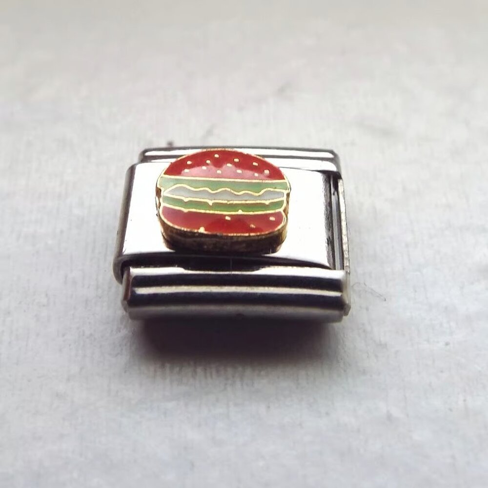 Enamel hamburger on a bun 9mm stainless steel Italian charm bracelet link new